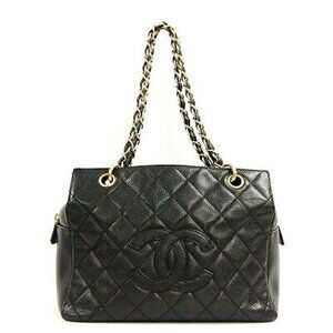 Chanel Matelasse Double Chain Tote Bag Black Caviar Skin Gold Diamond Quilting